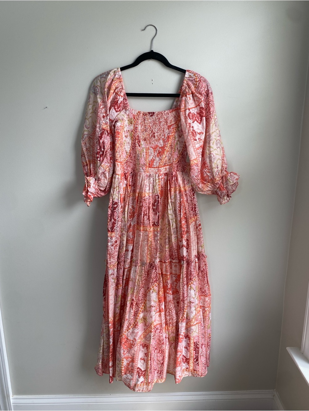 Lizard Thicket Pink & Coral Patchwork Midi Dress with Puff Sleeves
